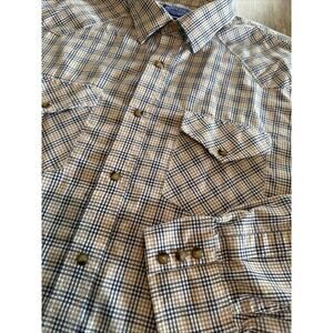 Men Pendleton Cotton Blend High Grade Western Woven XL Tan Navy Plaid Pearl Snap